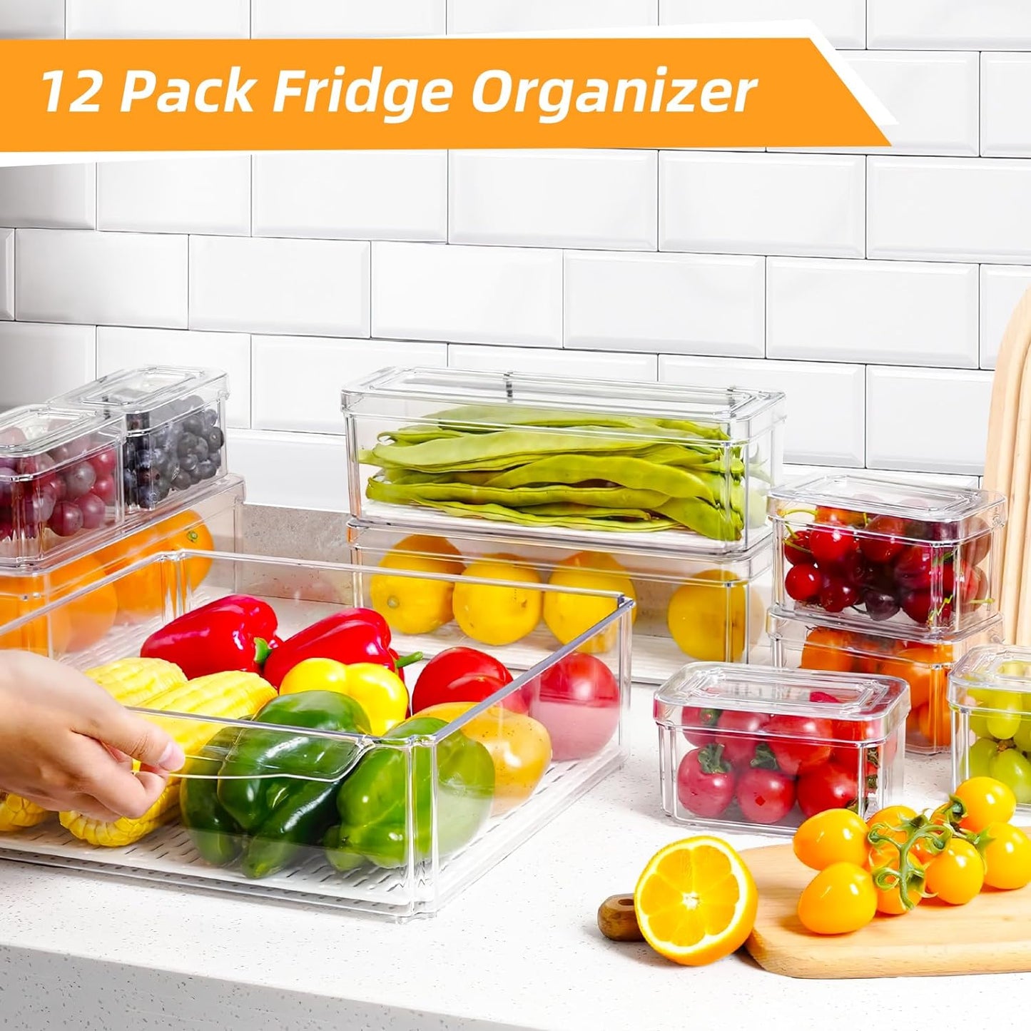 12 Pack Fridge Organizer, Refrigerator Organizer Bins with Lids, Clear Stackable BPA-Free Produce Fruit Storage Containers (115Z-01)