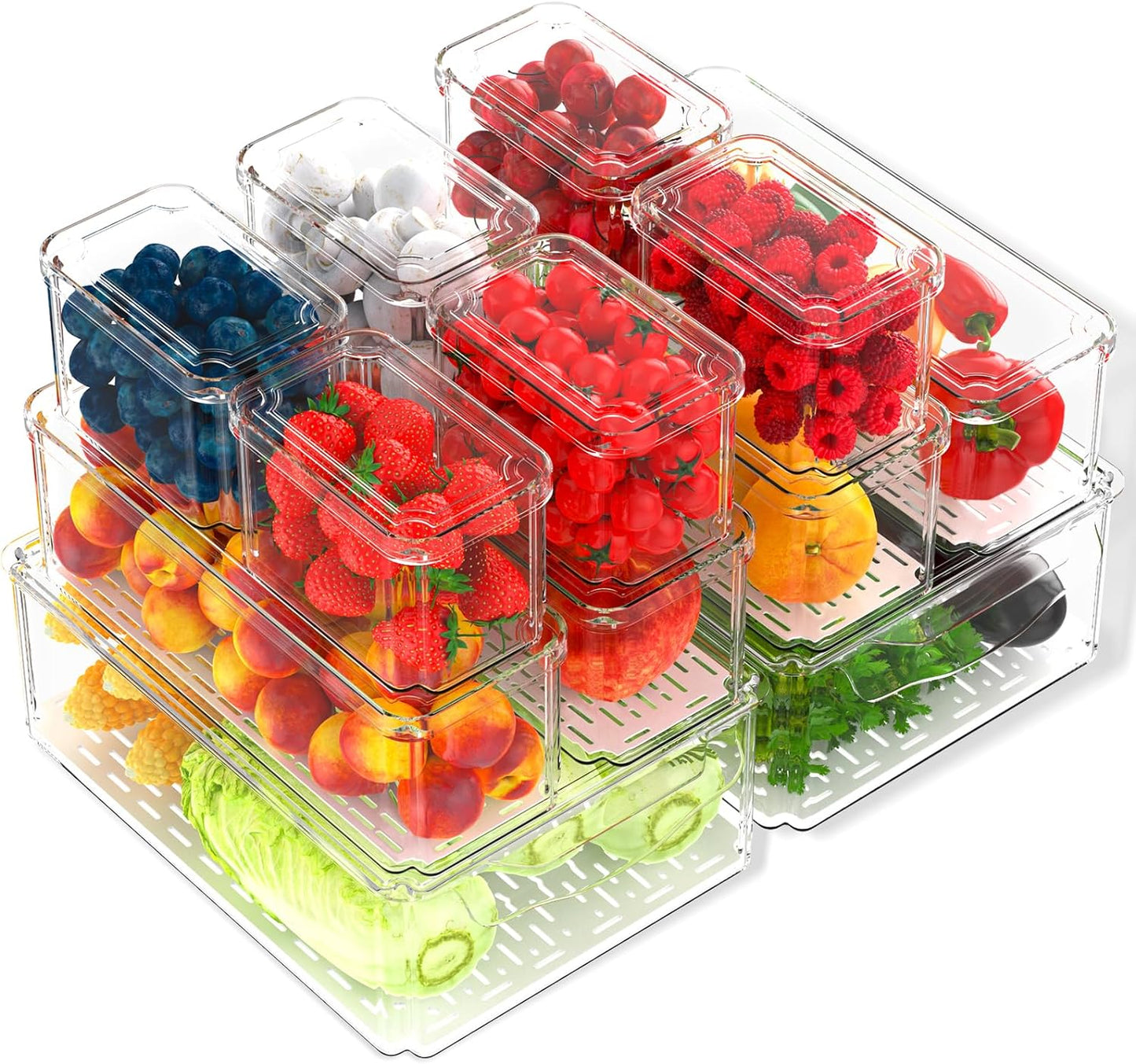 12 Pack Fridge Organizer, Refrigerator Organizer Bins with Lids, Clear Stackable BPA-Free Produce Fruit Storage Containers (115Z-01)