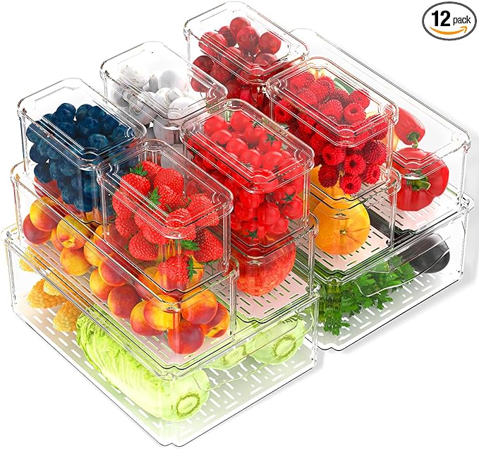 12 Pack Fridge Organizer, Refrigerator Organizer Bins with Lids, Clear Stackable BPA-Free Produce Fruit Storage Containers (115Z-01)