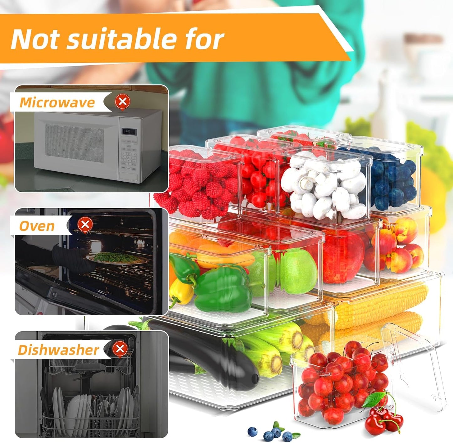 12 Pack Fridge Organizer, Refrigerator Organizer Bins with Lids, Clear Stackable BPA-Free Produce Fruit Storage Containers (115Z-01)