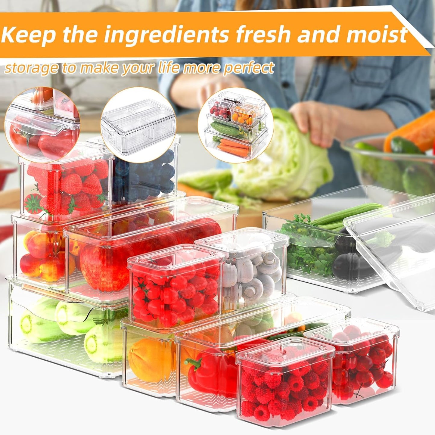 12 Pack Fridge Organizer, Refrigerator Organizer Bins with Lids, Clear Stackable BPA-Free Produce Fruit Storage Containers (115Z-01)