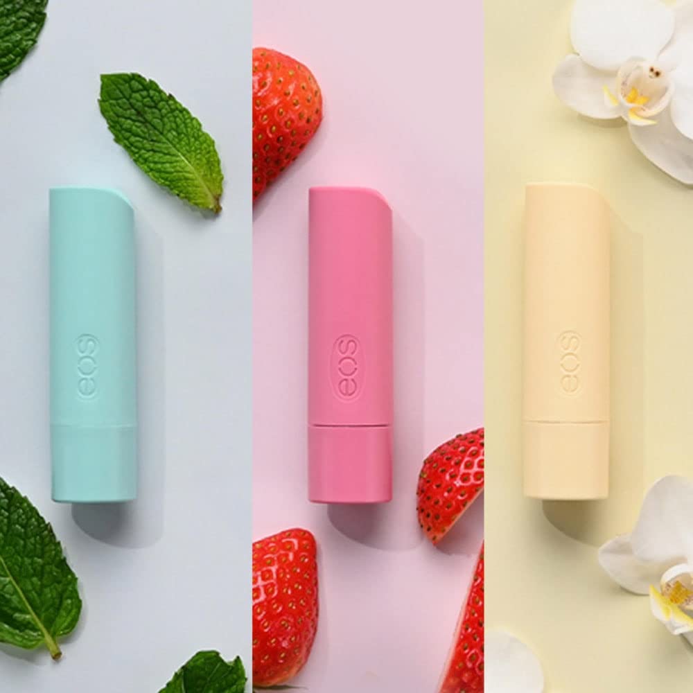 eos 100% Natural & Organic Lip Balm Trio- Vanilla Bean, Sweet Mint, & Strawberry Sorbet, Made for Sensitive Skin, Lip Care Products, 0.14 oz, 3-Pack