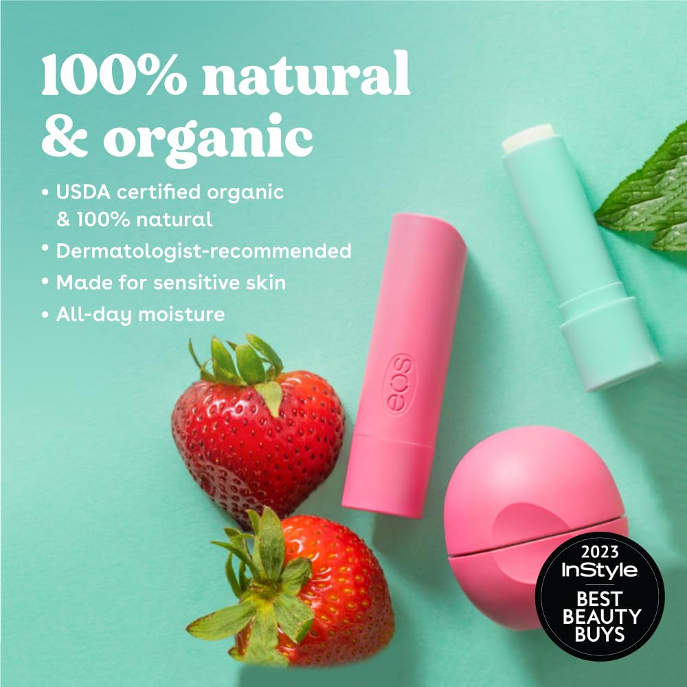 eos 100% Natural & Organic Lip Balm Trio- Vanilla Bean, Sweet Mint, & Strawberry Sorbet, Made for Sensitive Skin, Lip Care Products, 0.14 oz, 3-Pack