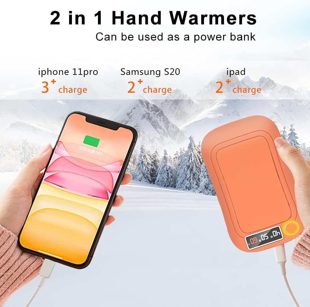 Hand Warmers Rechargeable, 10000mAh Reusable Hand Warmer, Electric Portable Pocket Warmer/Power Bank, USB Double-Sided Heating Warmer for Ski, Hunting, Golf../ Winter Gifts for Women Men