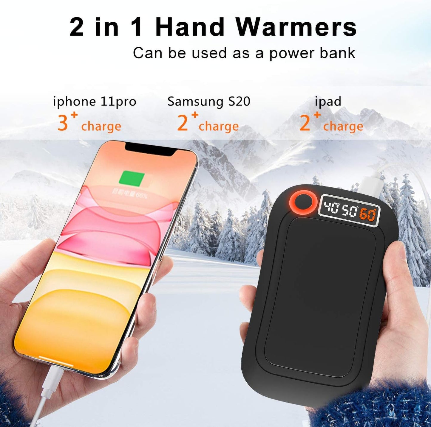 Hand Warmers Rechargeable, 10000mAh Reusable Hand Warmer, Electric Portable Pocket Warmer/Power Bank, USB Double-Sided Heating Warmer for Ski, Hunting, Golf../ Winter Gifts for Women Men