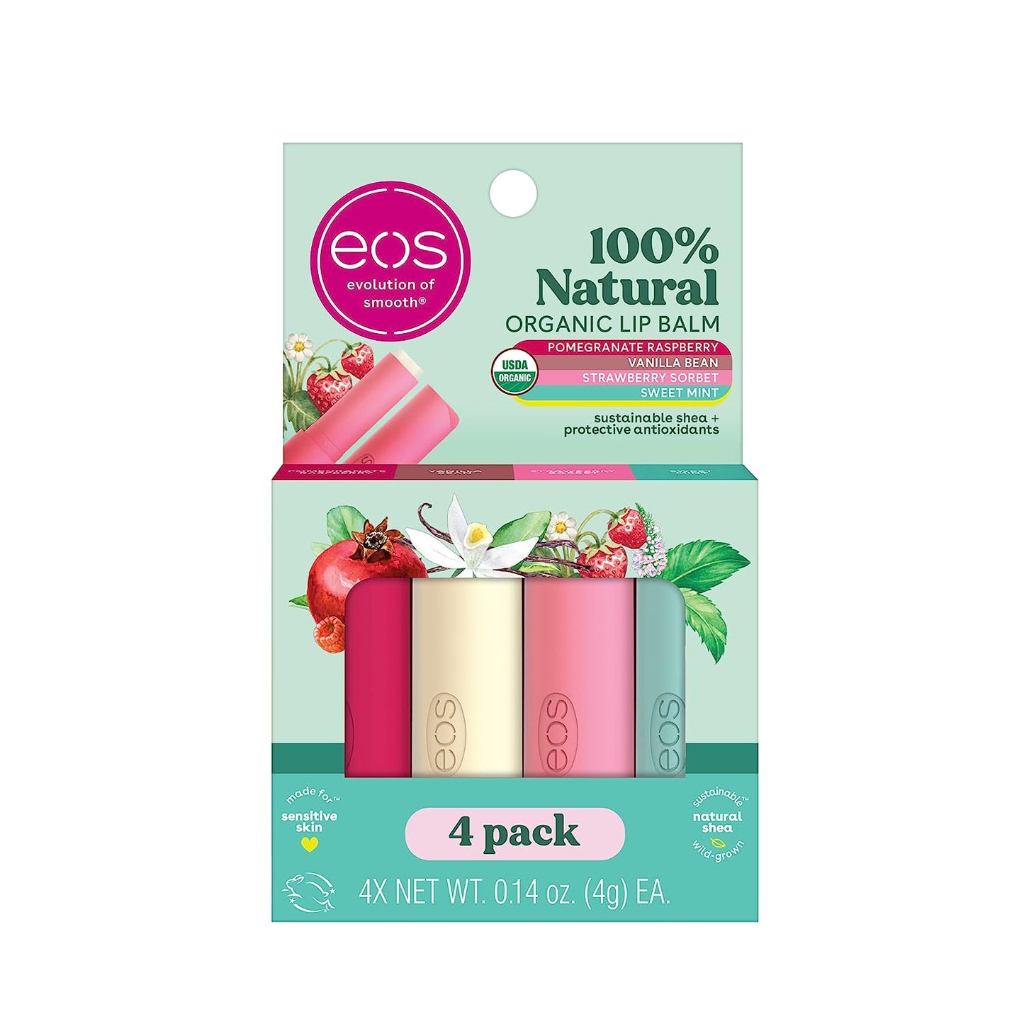 eos 100% Natural & Organic Lip Balm Trio- Vanilla Bean, Sweet Mint, & Strawberry Sorbet, Made for Sensitive Skin, Lip Care Products, 0.14 oz, 3-Pack