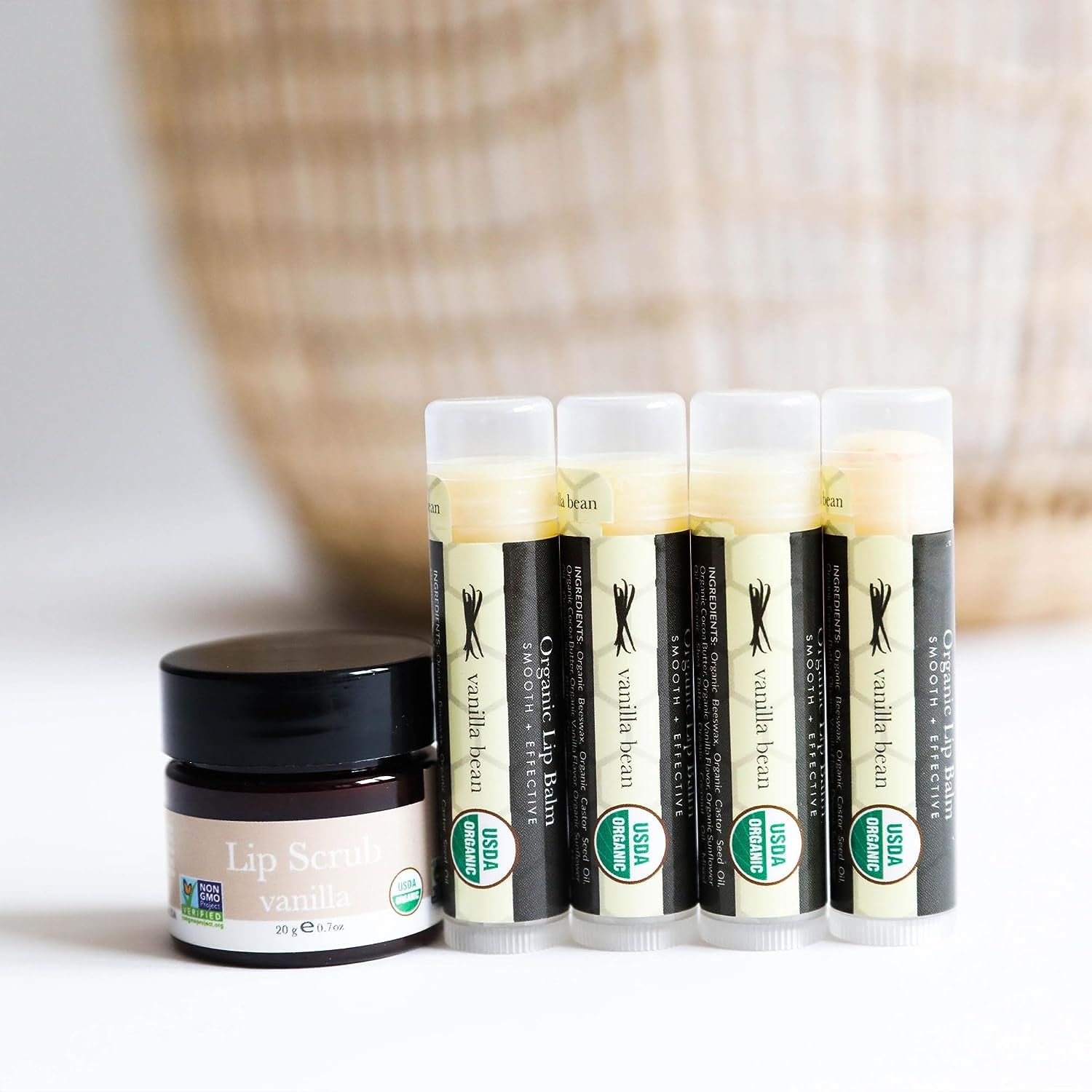 4 Pack Organic Vanilla Bean & Honey Lip Balm - Natural Lip Moisturizer Gifts for Men, Women & Kids