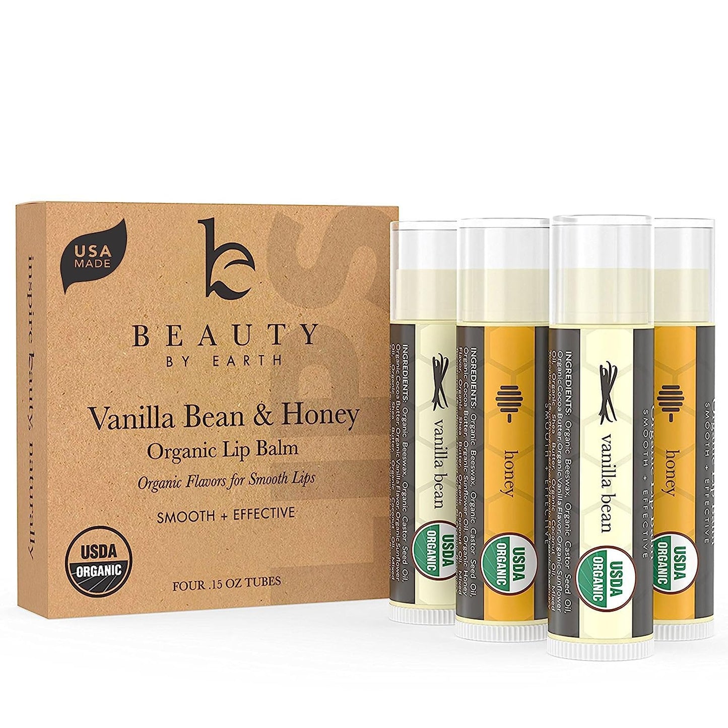 4 Pack Organic Vanilla Bean & Honey Lip Balm - Natural Lip Moisturizer Gifts for Men, Women & Kids